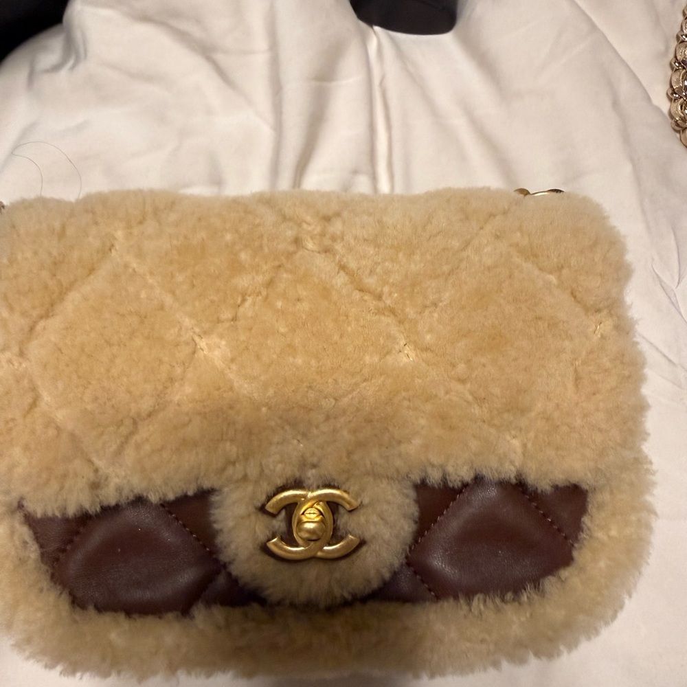 Chanel Cream and Brown Quilted Shearling Shoulder Bag